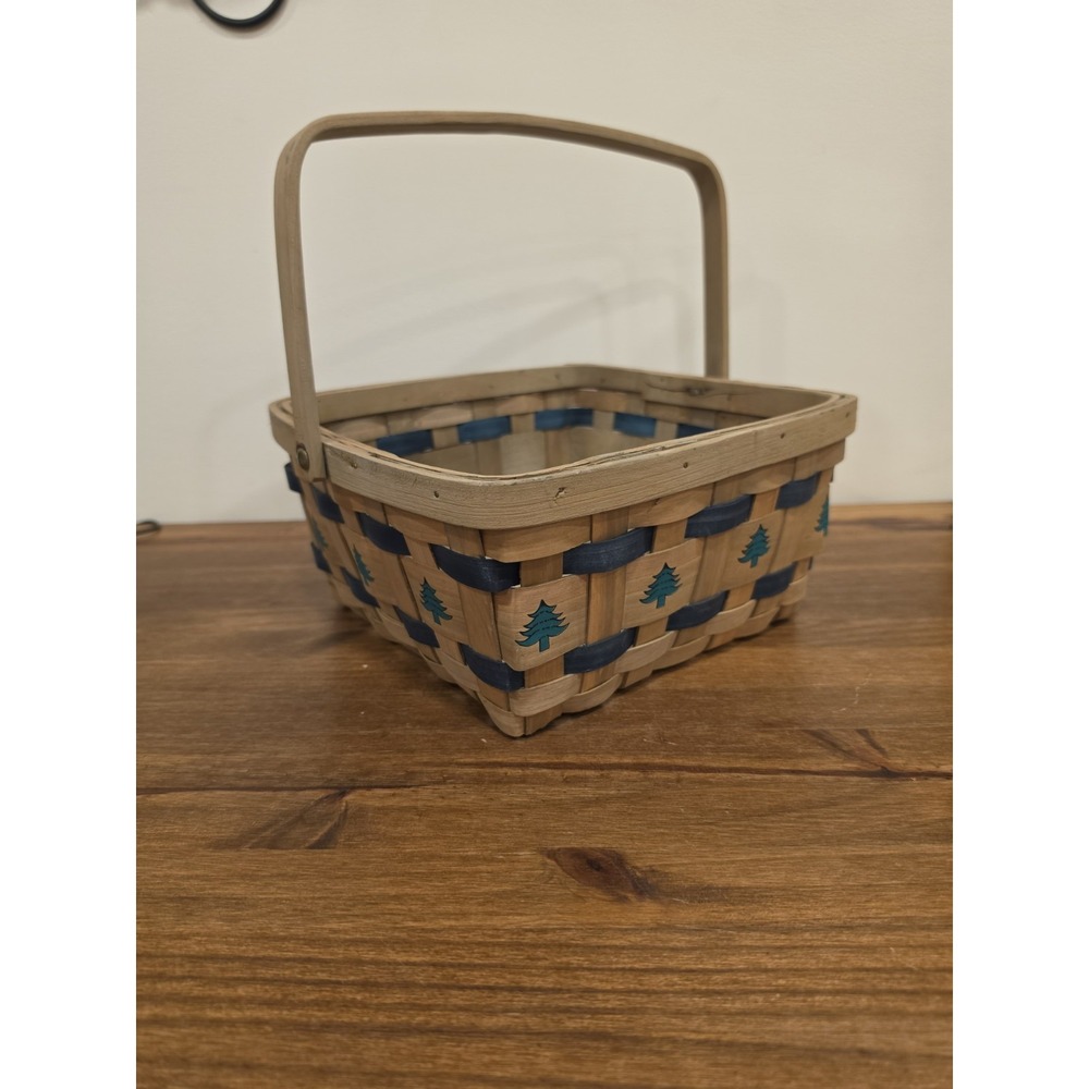 VTG Boho Woven Basket Multi Color Pine Tree Christmas Decor Handle Cottagecore